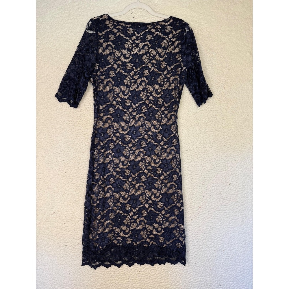 Belle Badgley Mischka 12 Blue Lace Sheath Dress Elbow Sleeve Event Wedding Guest - Picture 2 of 7